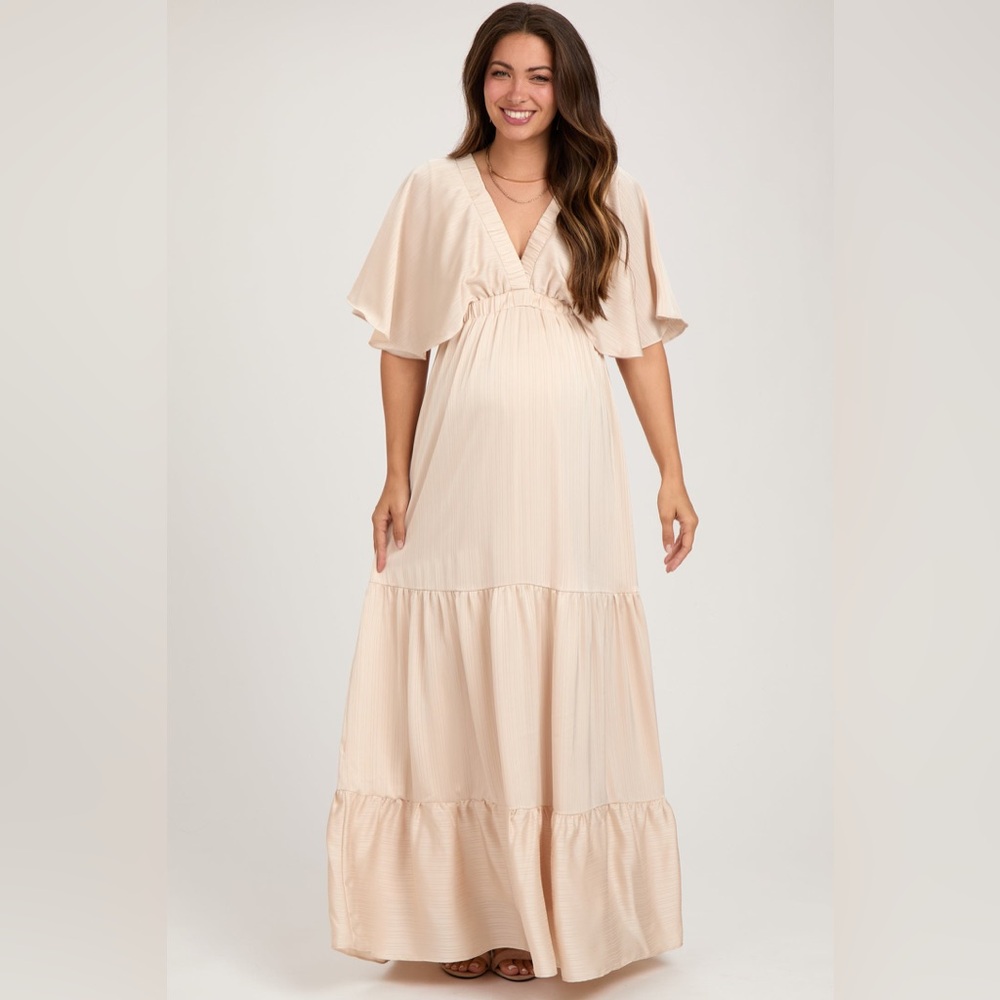Pinkblush pinstripe satin ruffle flutter maxi dress nwt - Picture 1 of 5